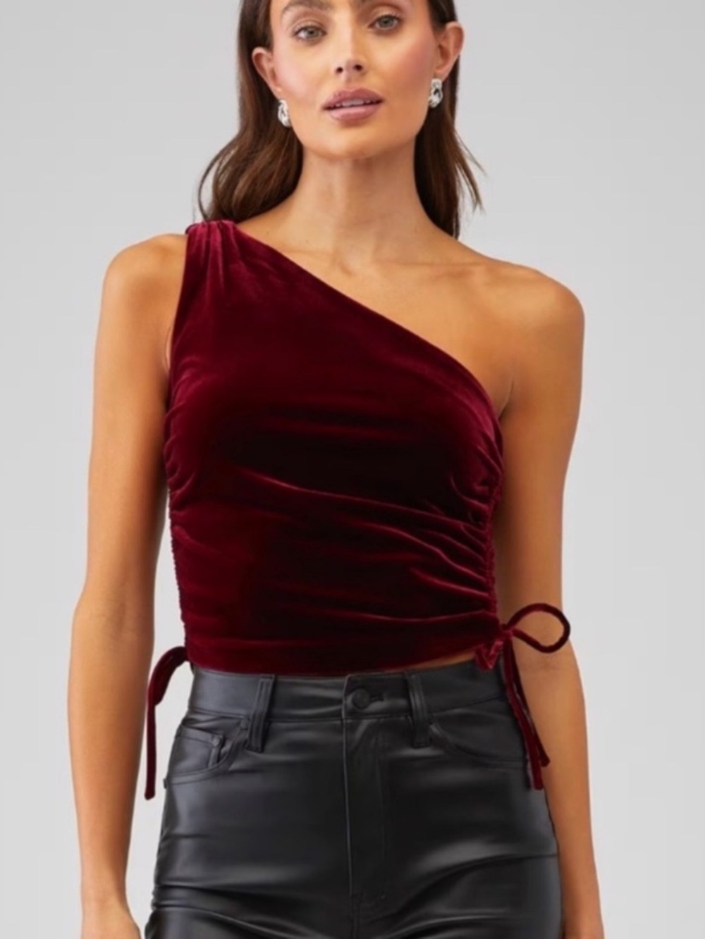 Amanda Uprichard ‘Ania’ One-Shoulder Velvet Ruched Crop Top Wine Red Size S
